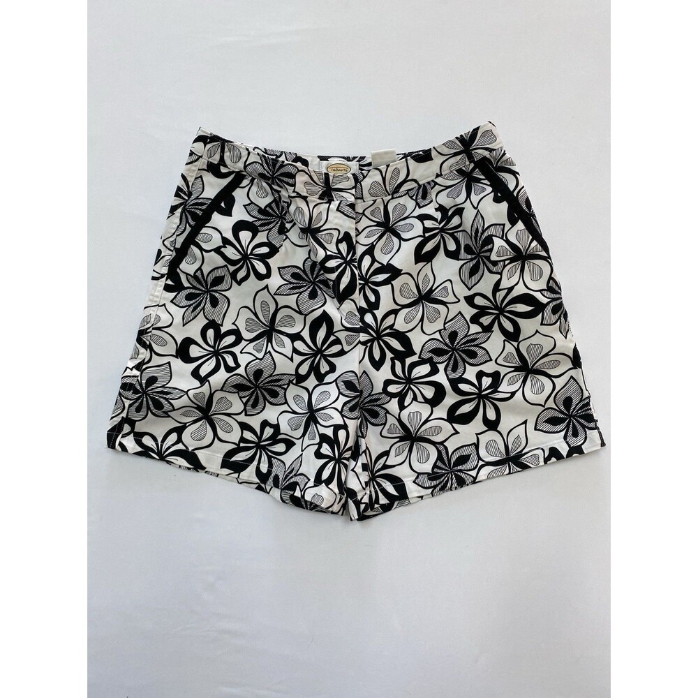 Talbots Womens Size 12 Floral Shorts Black White Tropical Cotton Stretch